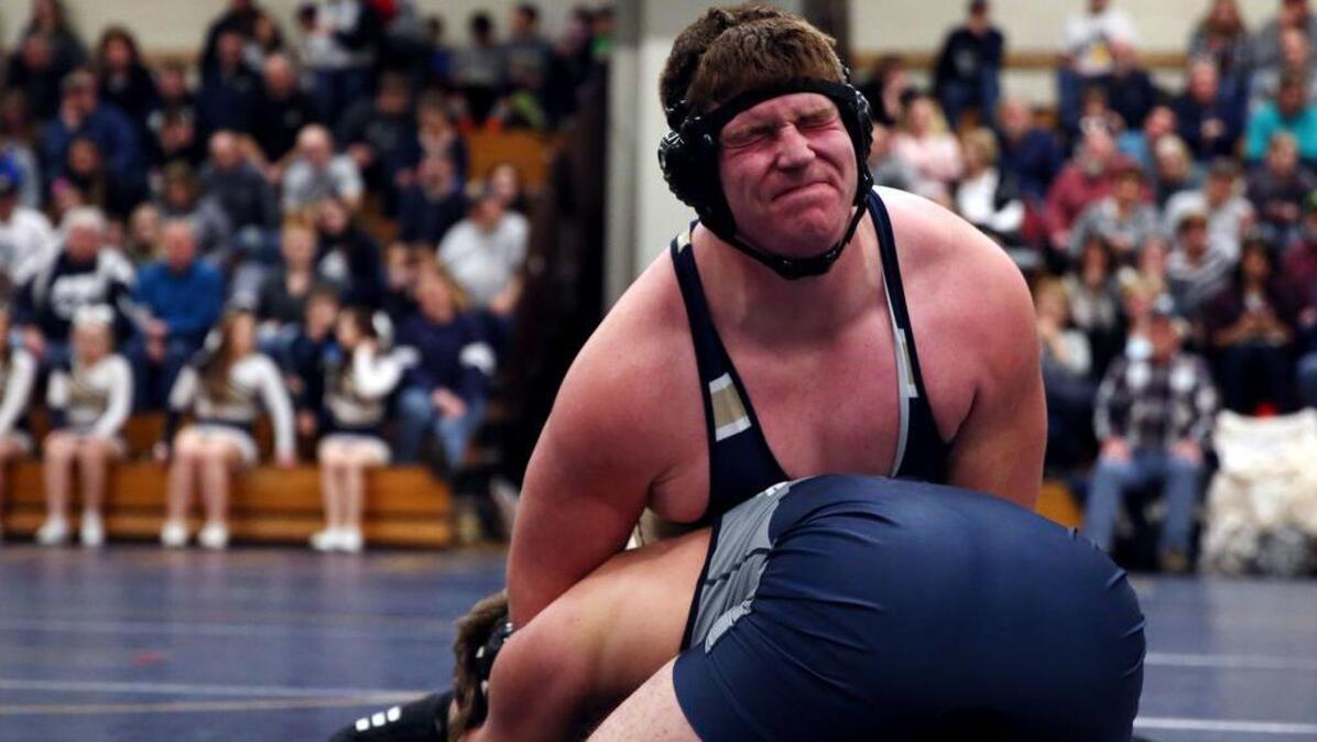 Bald Eagle’s Kurt Hall, seen here last season, ended Tuesday’s match with a fall to clinch the 40-30 win for the Eagles over Clearfield.