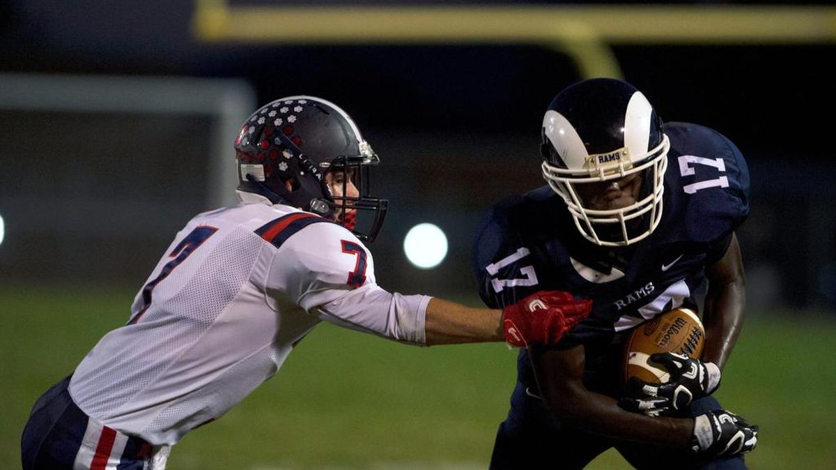 Penns Valley’s Marcus Woodford (17) had two receiving touchdowns in the Rams’ 55-27 loss on Friday night to Huntingdon.