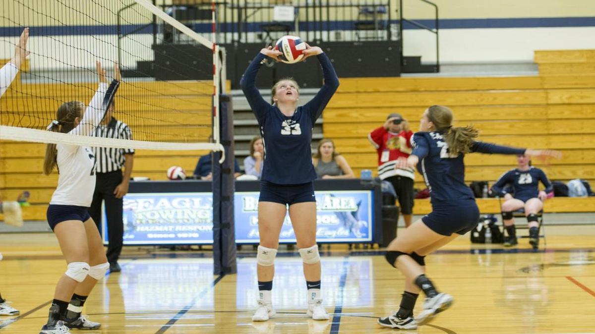 Bald Eagle Area’s Madison Rockey (33) prepares to set Mae Hugar in the first set of the Lady Eagles’ 3-0 win over Philipsburg-Osceola on Thursday.