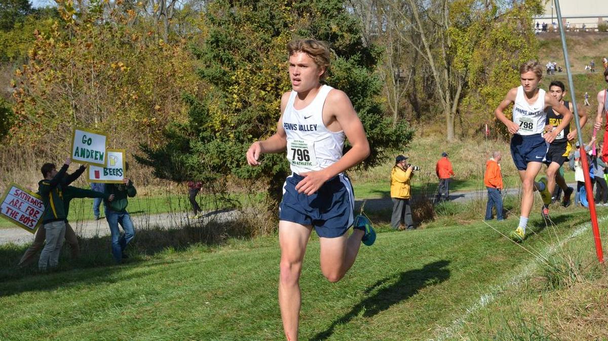 Penns Valley’s Chris Colwell crosses the finish line while his brother, Brendan, trails closely behind. The Rams won the PIAA state championship on Saturday.
