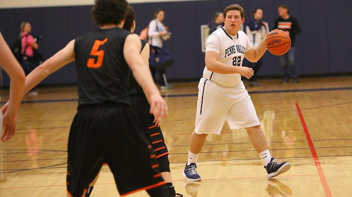 Penns Valley's Chase Collison looks for some help from teammates as the Penns Valley Boys Basketball Team took on Tyrone at Bald Eagle Area High School during the PIAA district playoffs on Thursday.