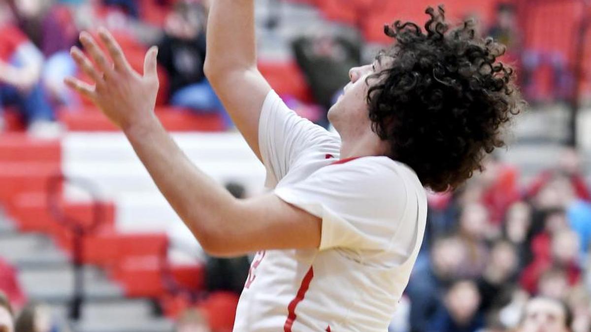 Bellefonte’s Caleb Rockey, seen here last season, helped lead the Red Raiders past Jersey Shore 56-53 on Monday night. He posted a team-high 13 points, along with teammate Nate Tice.