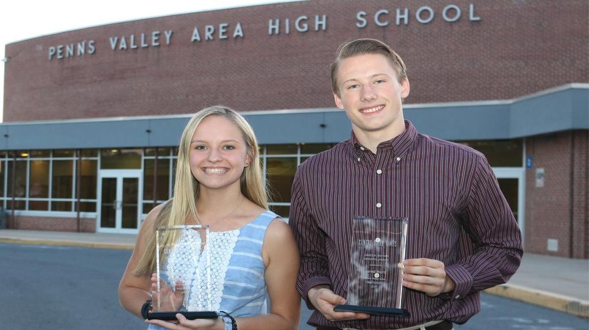 Hailee Wingard and Jared Hurd, winners of the CDT’s prestigious Snyder Award, pose with their trophies after receiving them Thursday night at Penns Valley Area High School.