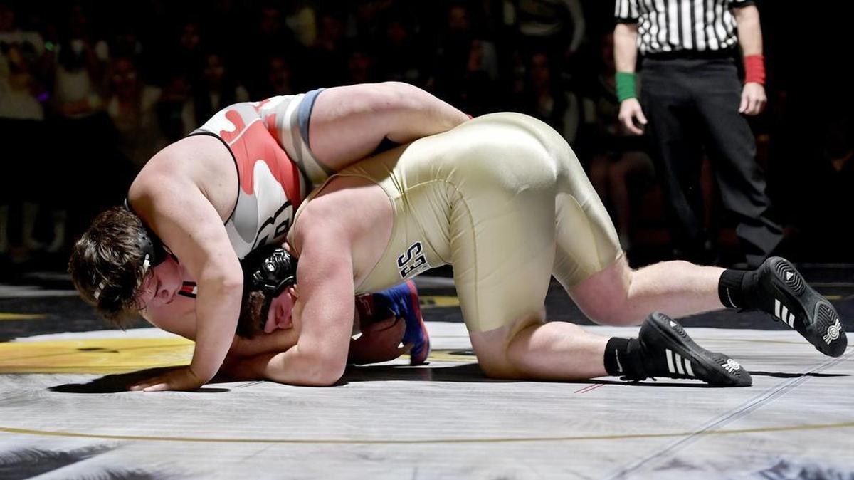 Bald Eagle Area’s Kurt Hall works on a reversal of Bellefonte’s Daniel Orndorf during their 285-pound bout during the Eagles’ 42-35 win on Thursday, January 4, 2018. Hall pinned Orndorf in 4:49.