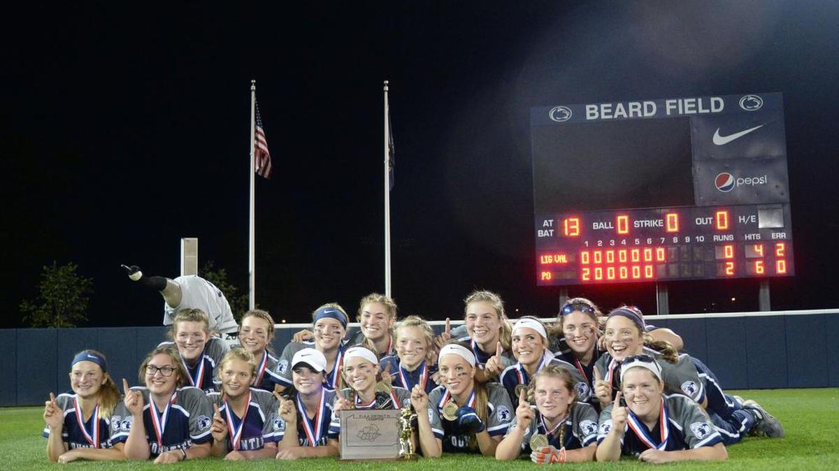 Philipsburg-Osceola’s softball team poses with the trophy following Wednesday’s District 6 Class 3A Final win against Ligonier Valley at Nittany Lion Softball Park. P-O will meet Pequea Valley on Monday in the PIAA first round.