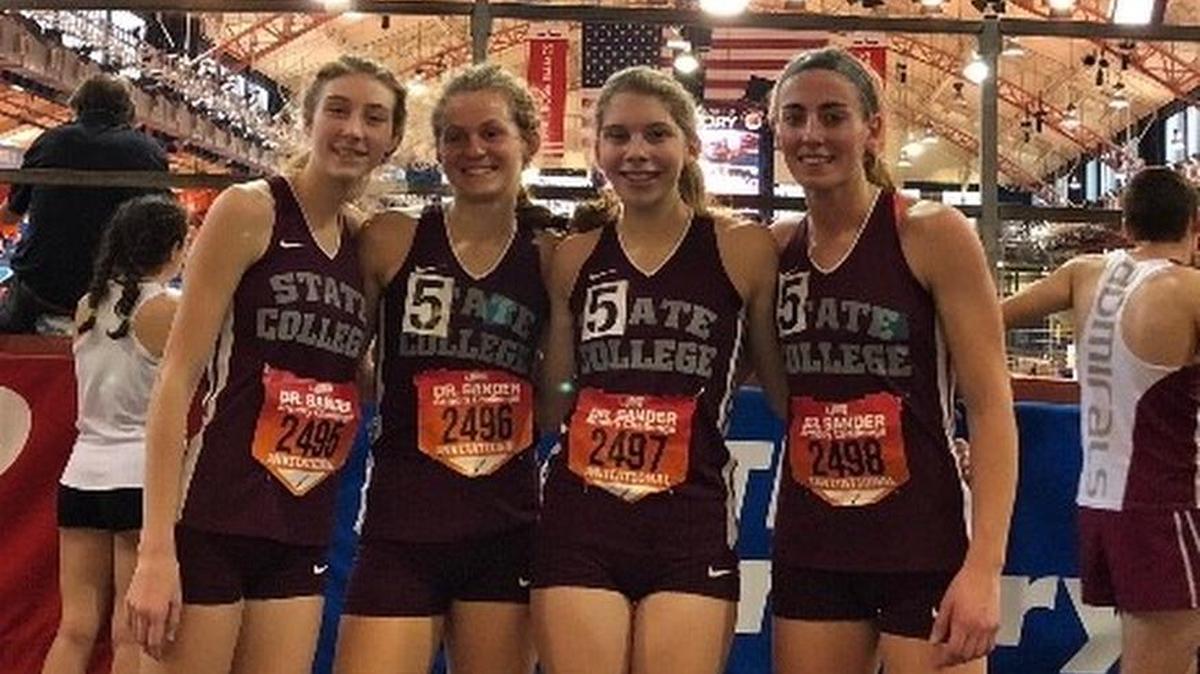 State College’s Kileigh Kane, Elly Haushalter, Emma Simon and Esther Seeland — seen from left to right — ran for the fastest 3,200-meter relay time by a team from Pennsylvania this year.