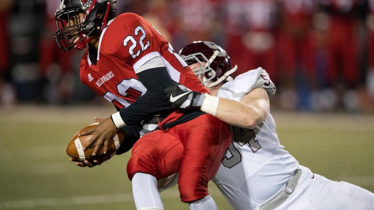 State College’s Jackson Heasley recorded four sacks Friday in the Little Lions’ PIAA Class 6A football playoff game against Williamsport.