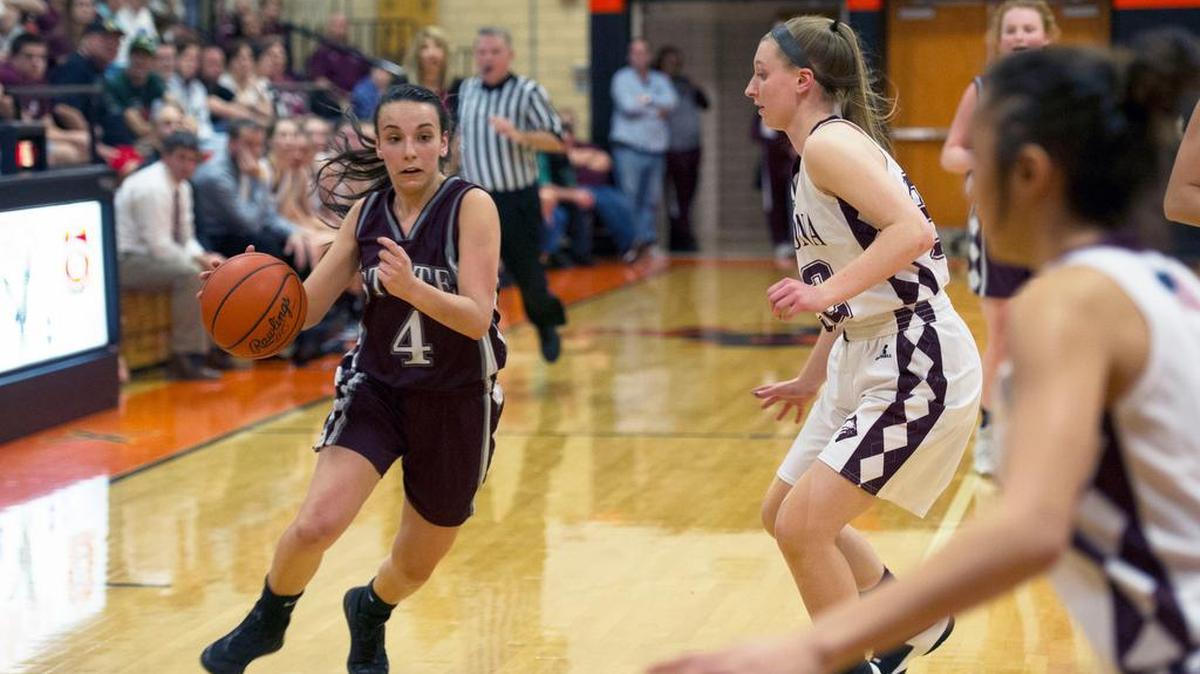 State College guard Lexi Risha dribbles the ball down the court during the District 6 Class 6A championship game against Altoona on Friday at Tyrone High School.