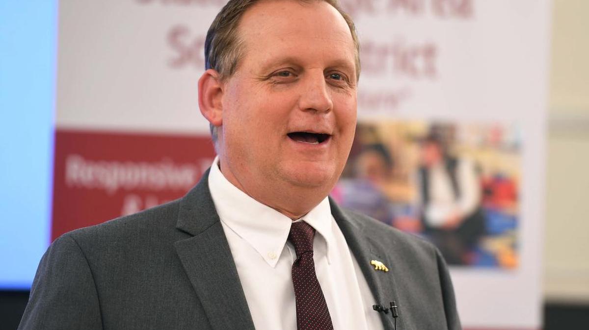 State College’s new athletic director, Chris Weakland, speaks during a press conference Monday at the Panorama Village Administrative Center.