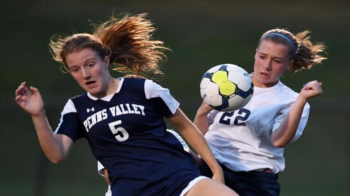 Penns Valley midfielder Hannah Montminy, left, and Bald Eagle Area defender Allison Cowan collide as they battle for the ball during Tuesday’s 2-1 Lady Rams win at Alumni Stadium in Wingate.