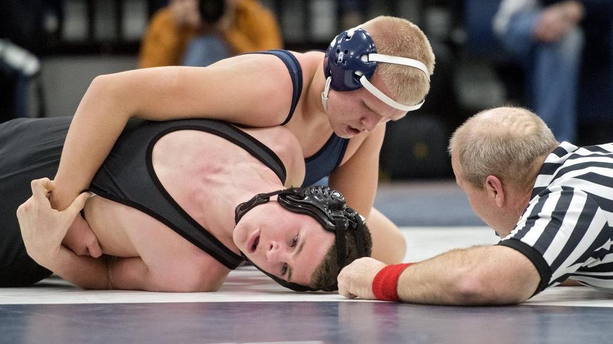 Philipsburg-Oseceola’s Kyle Taylor (top), seen here last season, impressed his coach Wednesday night with a pin over Central’s Mikal Fowkes at 182. The Mounties won the match 56-20.