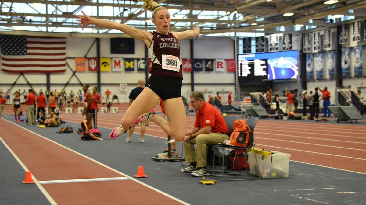 State College’s Taylor Givens finished sixth in the long jump at the PTFCA Championship meet at Penn State’s Multisport Facility on Saturday.