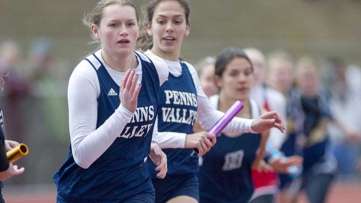 Penn Valley's Marissa Stecko hands off to Maci Ilgen in the 4x100-meter relay during the 41st annual Igloo Invitational at Mansion Park in Altoona on Saturday, April 2, 2016.