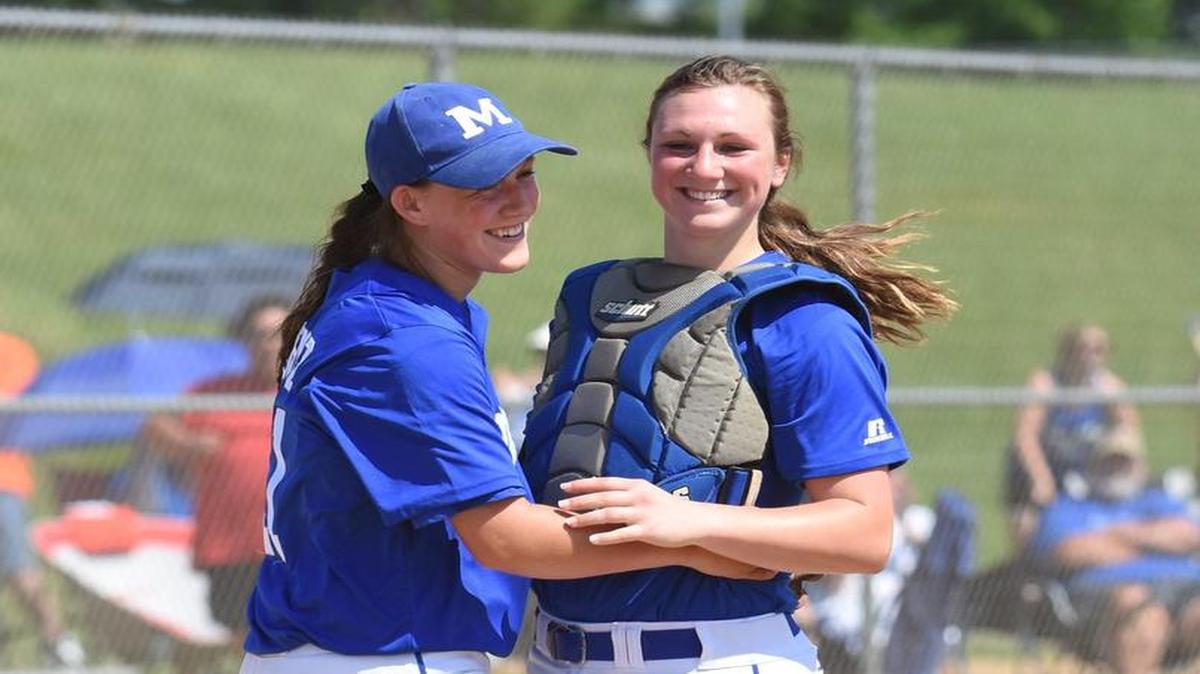 Minersville pitcher Maura Bentz, left, and catcher Alli Polinsky celebrate after defeating Bristol in the PIAA Class 2A semifinal at Parkland High School in Allentown on Monday.