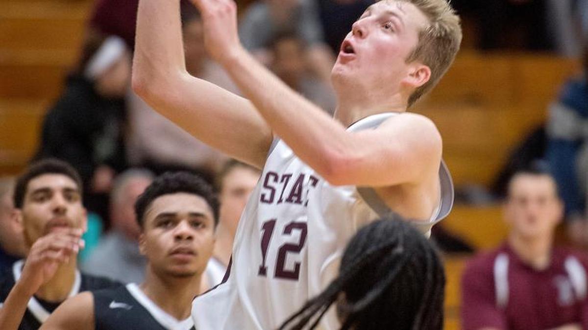 State College’s Drew Friberg (12) scored 29 points against Central Dauphin and surpassed 1,000 points for his career on Friday.