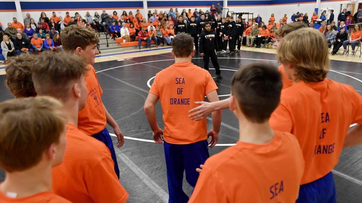 Saint Joseph's Caleb Dowling gets announced for the matchups against Tyrone on Wednesday at the first-ever home wrestling match for Saint Joseph's.