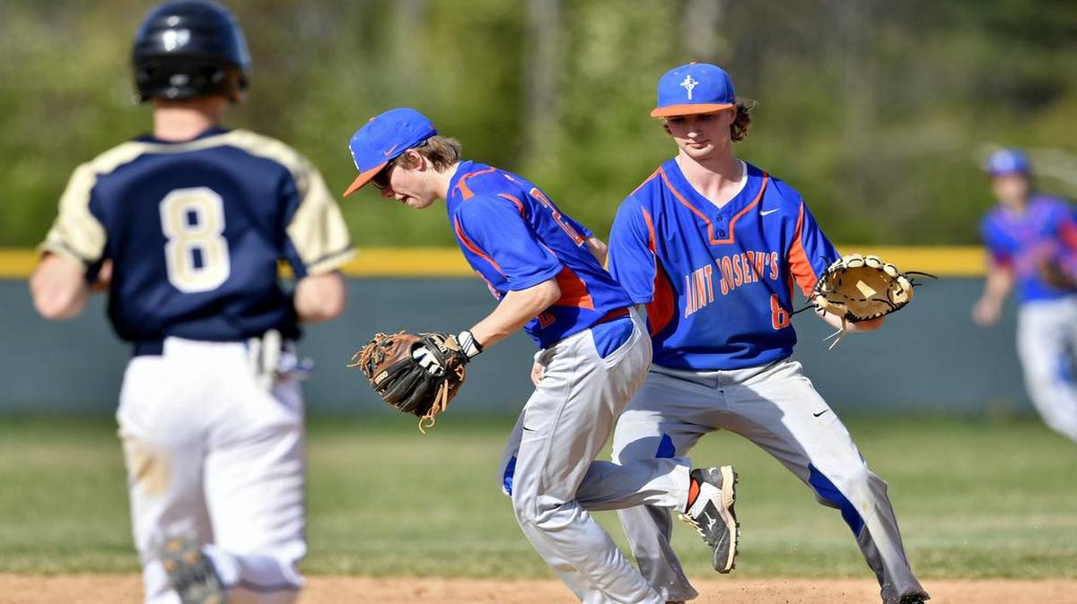 Bald Eagle Area’s Jake Gates (8), seen here against St. Joseph’s earlier in the season, finished with a double Tuesday as the Eagles rallied from a five-run deficit to stun Huntingdon in an 8-6 victory.
