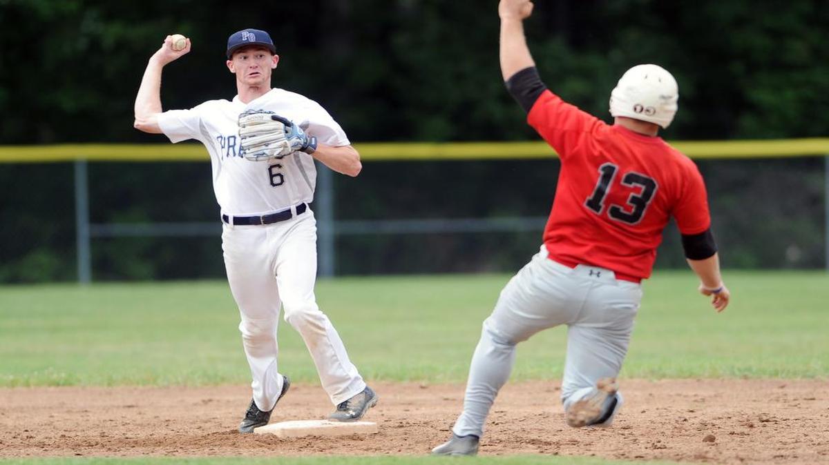 Howard's Scott Zuback is out at second base as Spikes Island shortstop Josh Earnest throws the ball to first for a double play during Game 1 of Sunday’s five-game Centre County Baseball League series. Howard won Sunday’s 10-inning game 2-0, but Spike Island responded by winning Tuesday’s game 2-1.