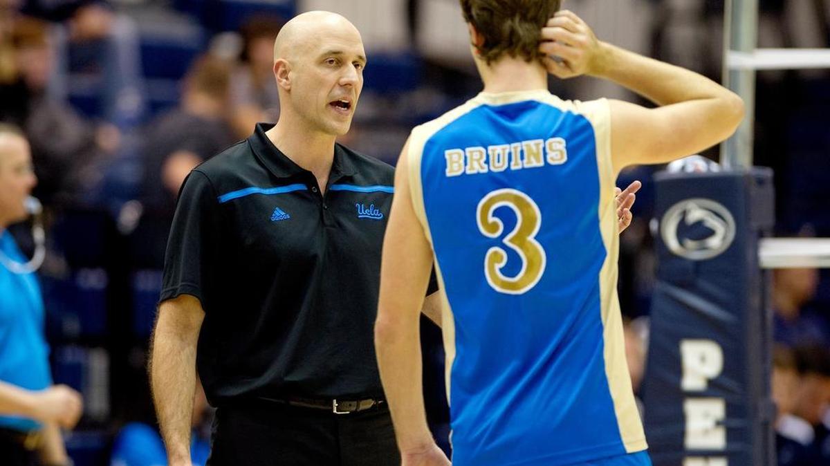 UCLA men's volleyball coach John Speraw talks to player Michael Fisher during the Friday, January 8, 2016 match against Penn State in Rec Hall.