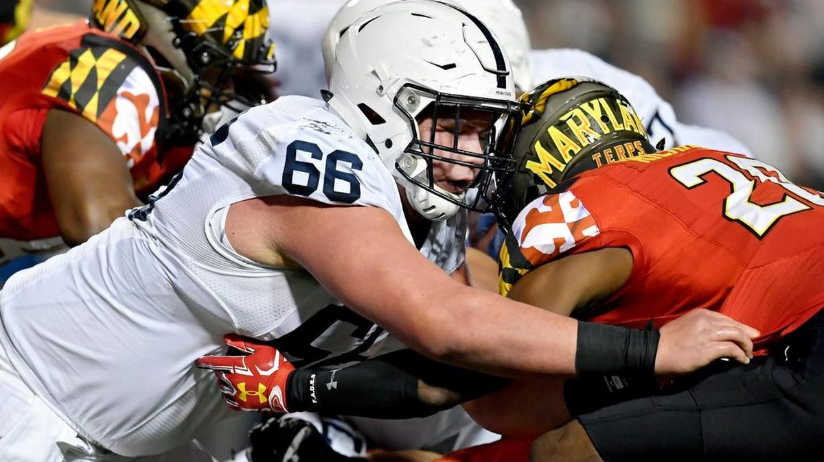Penn State center Connor McGovern, seen here last November, believes that the Nittany Lions’ offensive line can be a strength of the team this season.