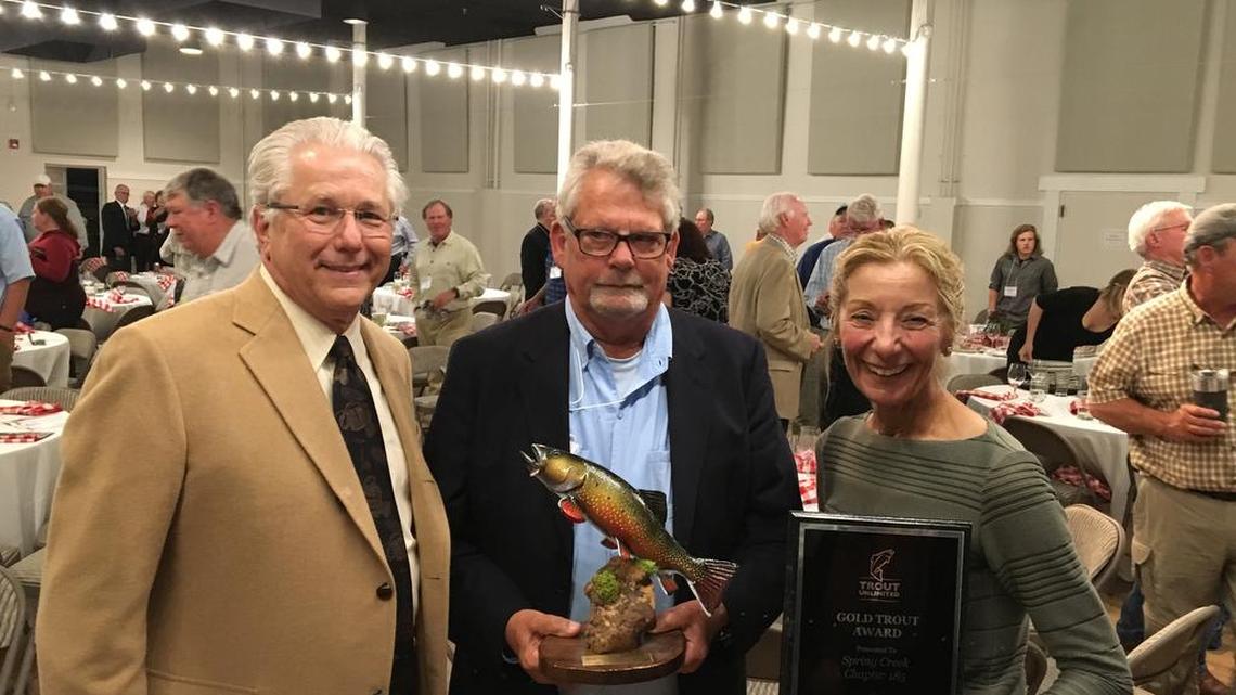From left, Trout Unlimited’s Mick McCorcle with Bob Vierck and Judi Sittler at Trout Unlimited’s national awards banquet in Bozeman, Mont., on September 29.