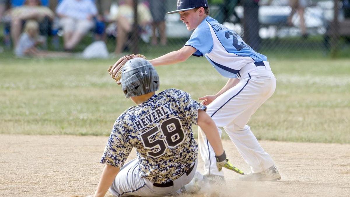 Philipsburg-Osceola’s Nick Coudriet catches the ball for Bald Eagle Area’s McGuire Heverly to be out second base during the Tuesday game.