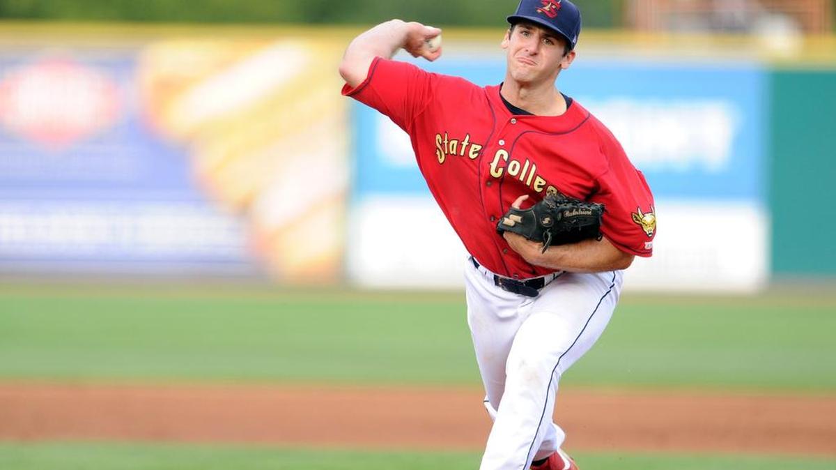 Spikes's Paul Balestrieri winds up for a pitch during a game against the Vermont Lake Monsters on Sunday at Medlar Field.