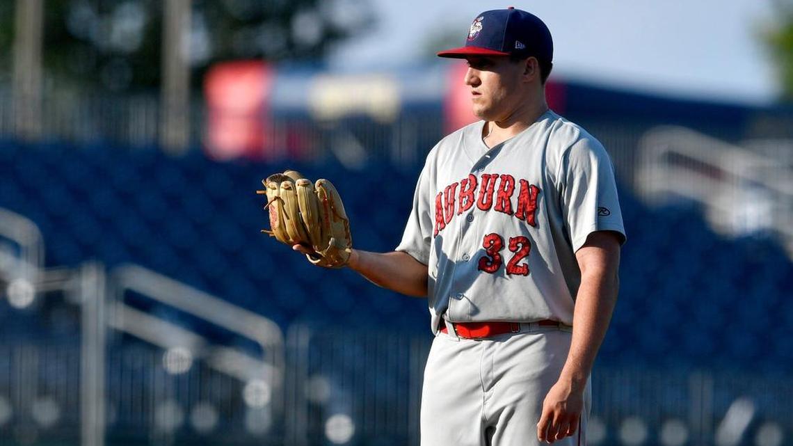 Auburn’s Nick Raquet, seen here in his last meeting against the Spikes, pitched well Monday by allowing no earned runs over six innings to lead the Doubledays to a 4-1 victory over State College.