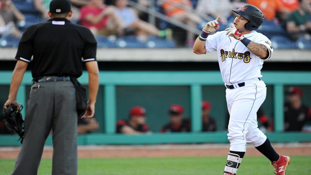 State College Spike Joshua Lopez makes a gesture as he rounds the bases after hitting a home run during a game against Batavia Saturday, July 1, 2017 at Medlar Field.