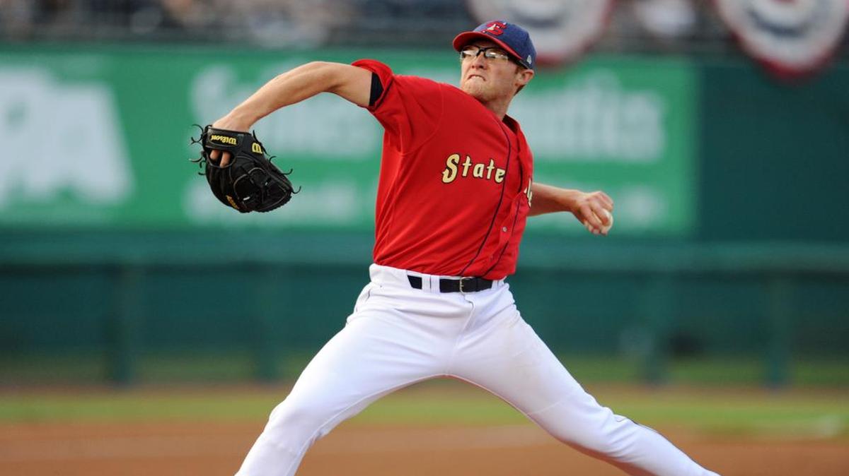 Spikes’s Andrew Summerville winds up for a pitch during a game against Batavia Monday at Medlar Field.