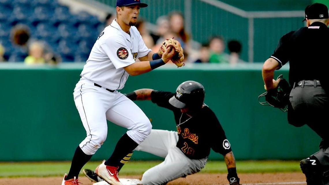 State College’s Danny Hudzina, left, drove in all four of the Spikes’ runs in their 4-2 victory over Williamsport on Monday.