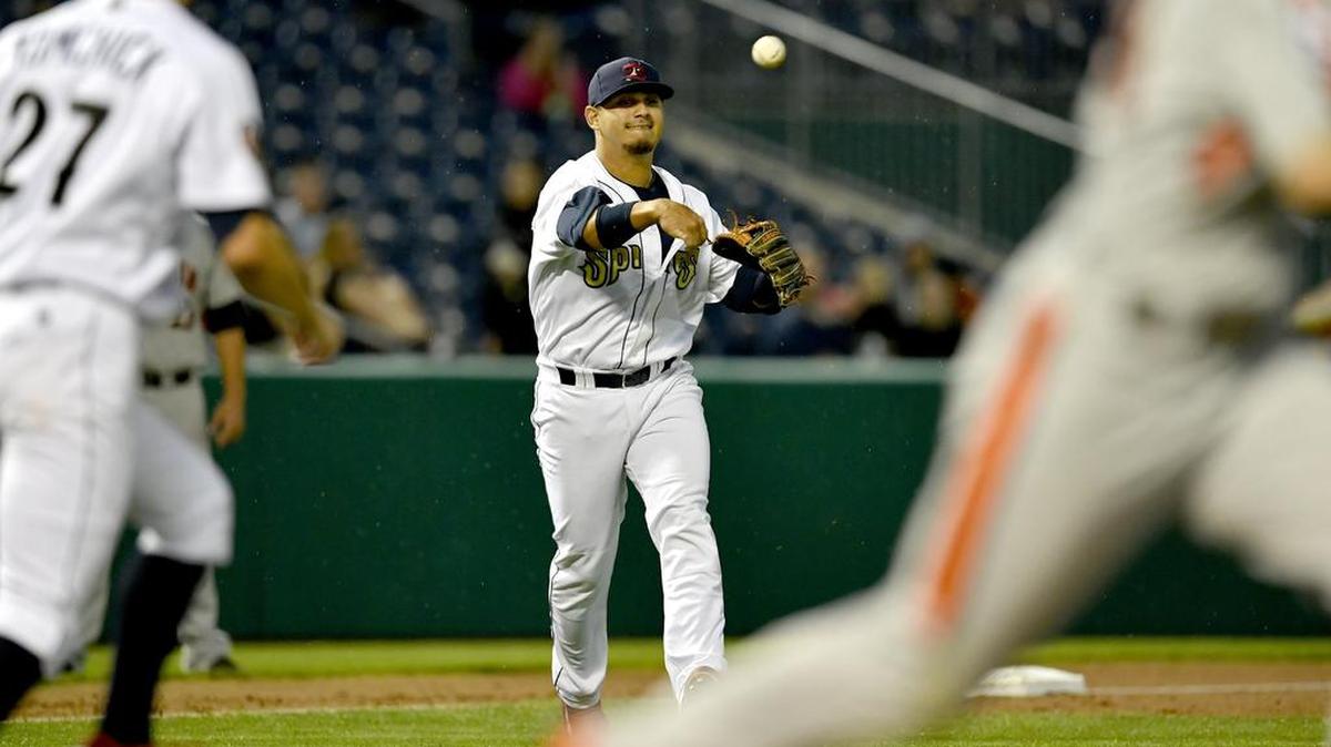 The State College Spikes’ Yariel Gonzalez overthrows to first base which led to a run during the Wednesday, August 31, 2016 game against Aberdeen. The Ironbirds beat the Spikes 6-3.