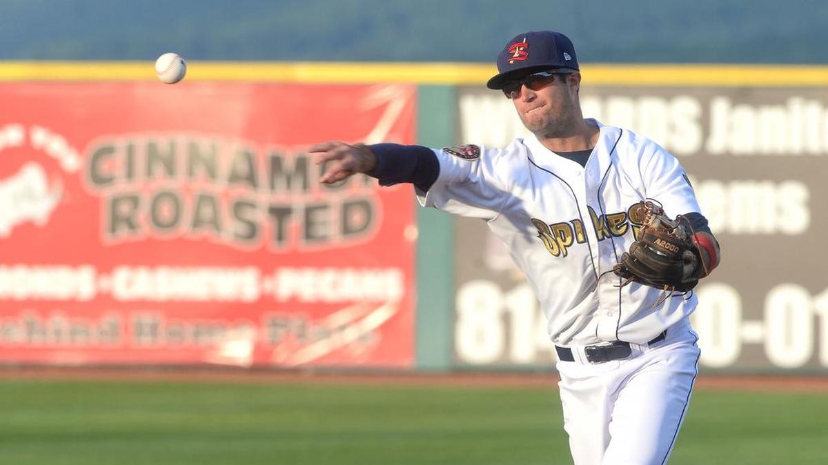 State College second baseman Josh Swirchak throws to first base for an out during Thursday’s game against Mahoning Valley at Medlar Field at Lubrano Park, in State College. (Photo by Steve Manuel)