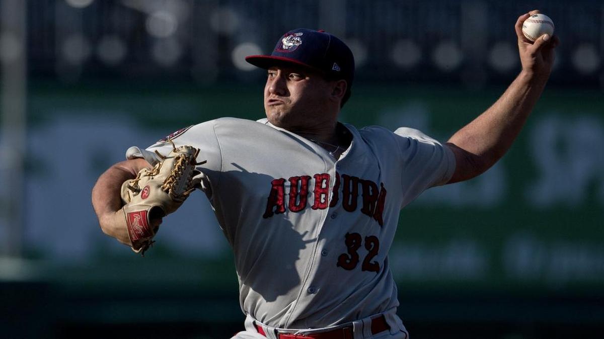 Auburn's Nick Raquet pitches during the game against the Spikes on Sunday at Medlar Field. Raquet is a Boalsburg native.