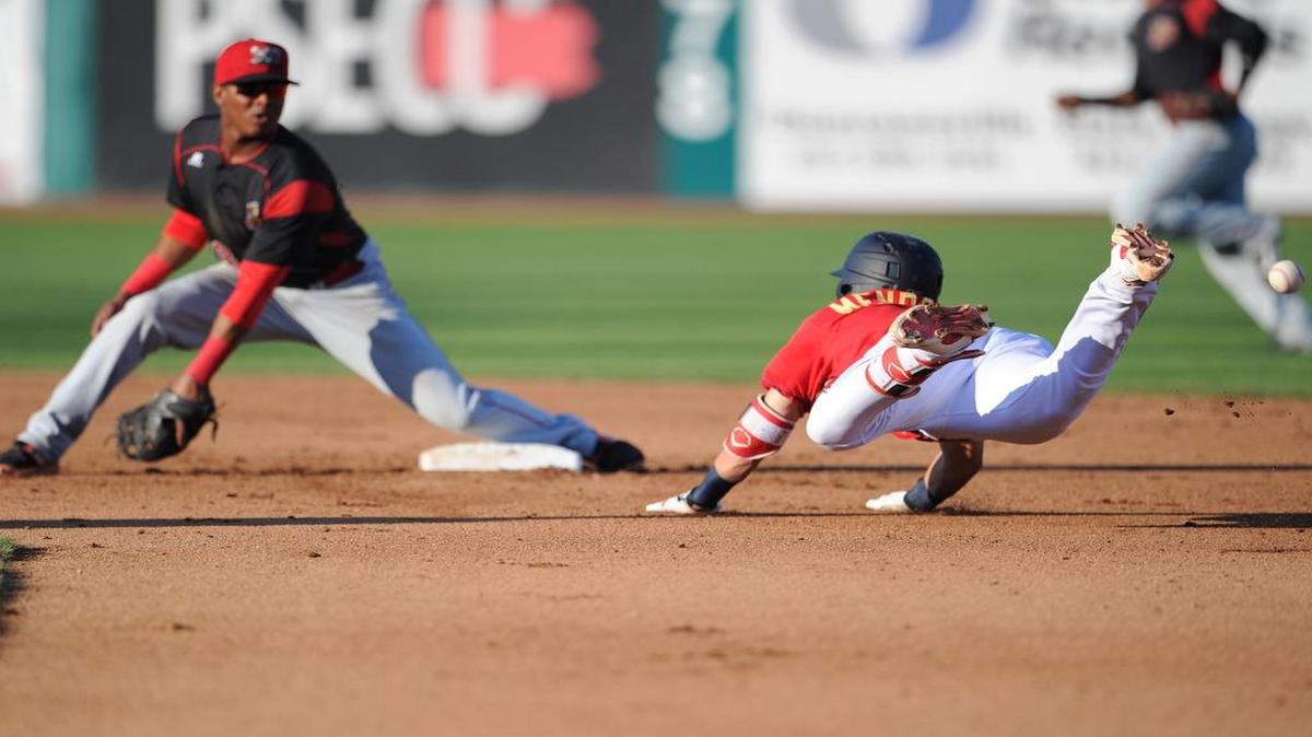 The Spikes' Evan Mendoza steals second base during a game against Batavia Sunday, July 2, 2017 at Medlar Field.