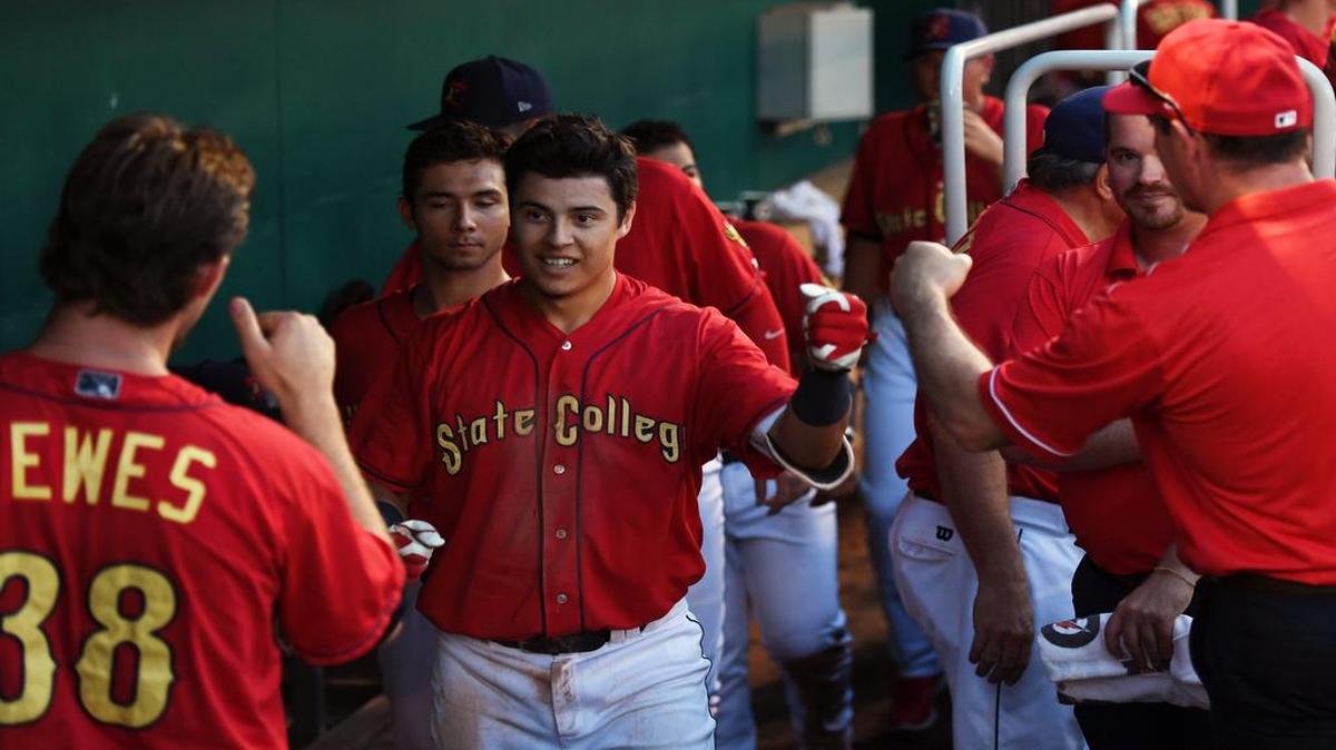 The State College Spikes’ Evan Mendoza, seen here in a past game, is now on an eight-game hitting streak. He finished with a game-high three hits Saturday — although the Spikes still fell to the Batavia Muckdogs 8-4.