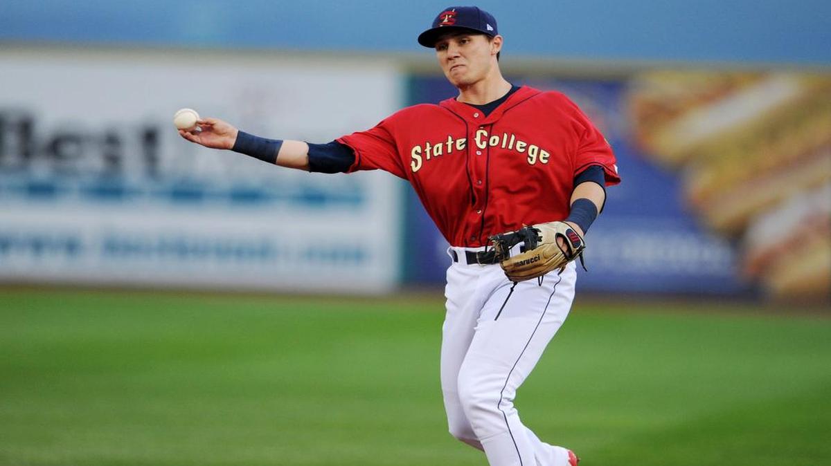 Spikes's second baseman Zach Kirtley throws the ball to first for the out during a game against the Vermont Lake Monsters on Saturday, Aug 11, 2017 at Medlar Field.