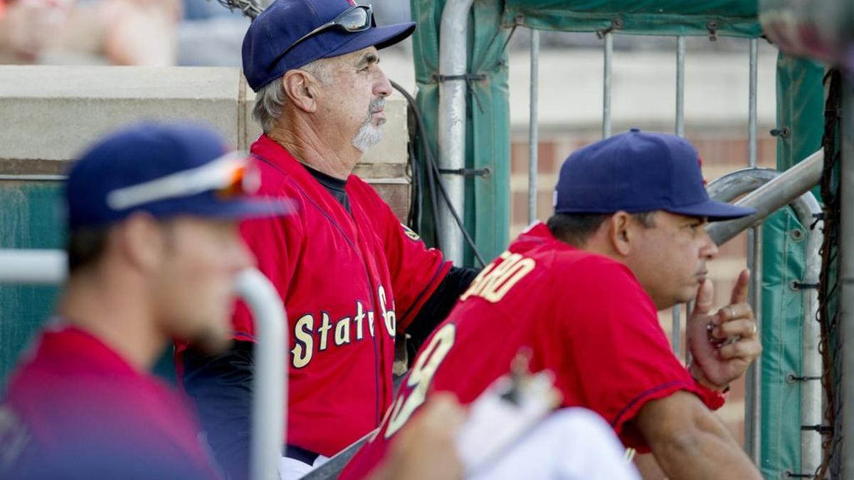 State College Spikes manager Johnny Rodriguez watches his players during the Sunday, July 10, 2016 game against the Auburn Doubledays.