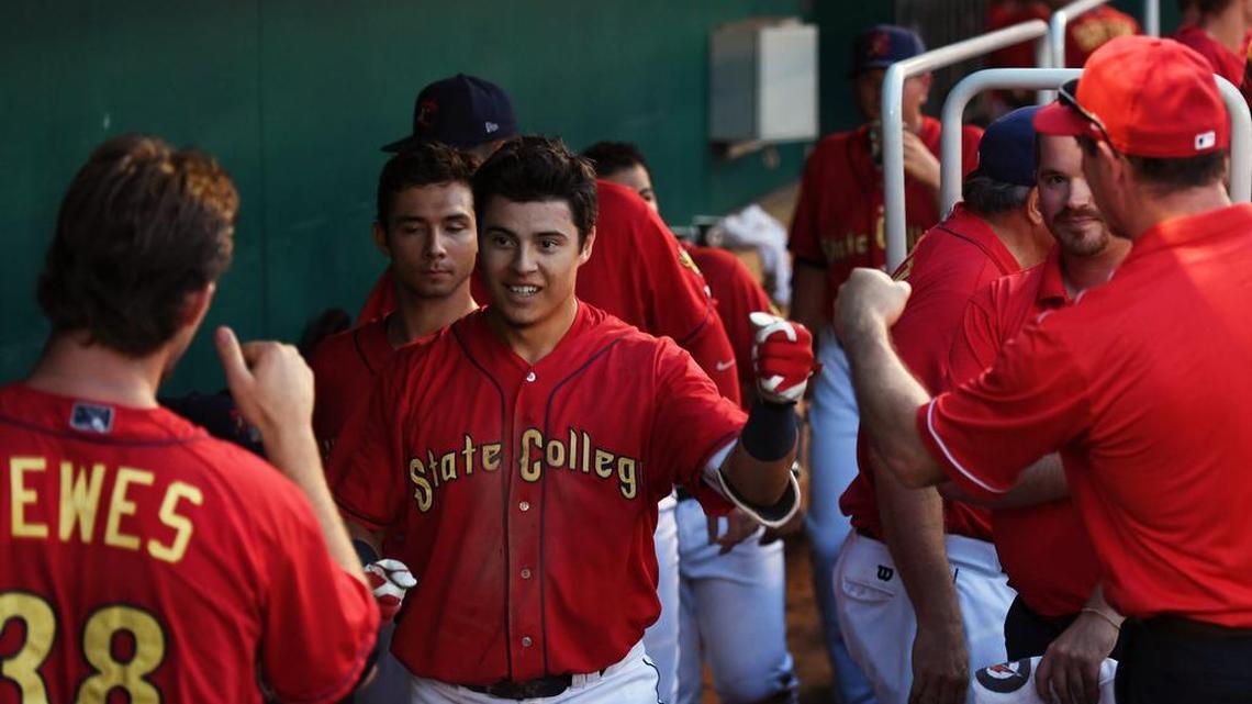Spikes’s Evan Mendoza is congratulated after hitting a homerun during a game against Auburn Friday, June 30, 2017 at Medlar Field.
