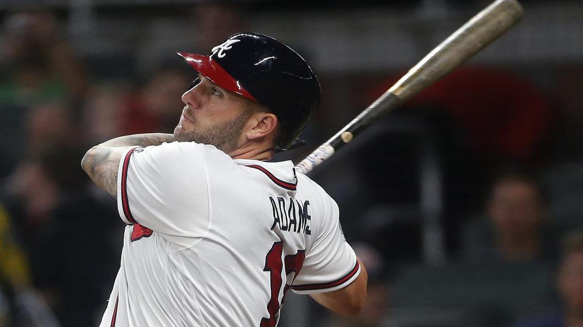 Atlanta Braves first baseman Matt Adams follows though on a solo home run during a game last month. Adams has 16 home runs so far this season.