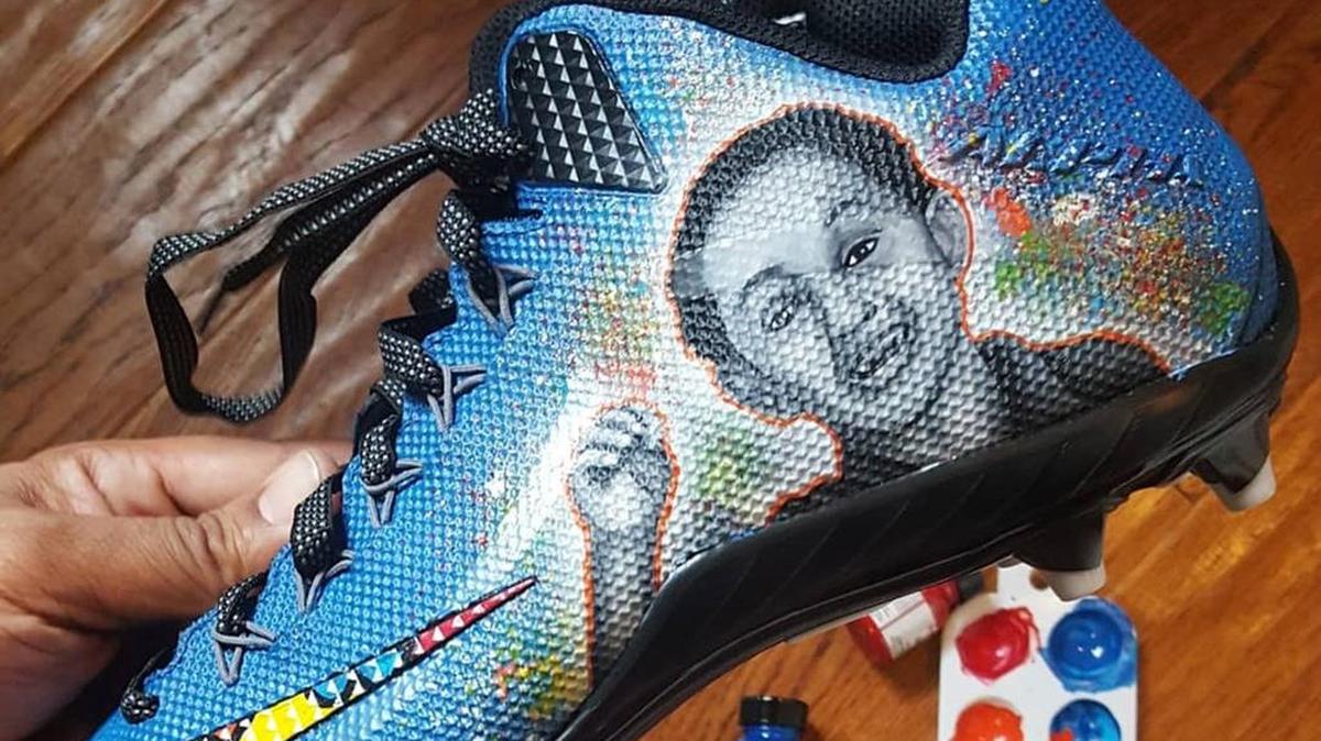Mount Nittany Elementary kindergartener Antonio Young’s picture is on the cleats of Seattle Seahawks football player Terence Garvin to bring awareness to autism.