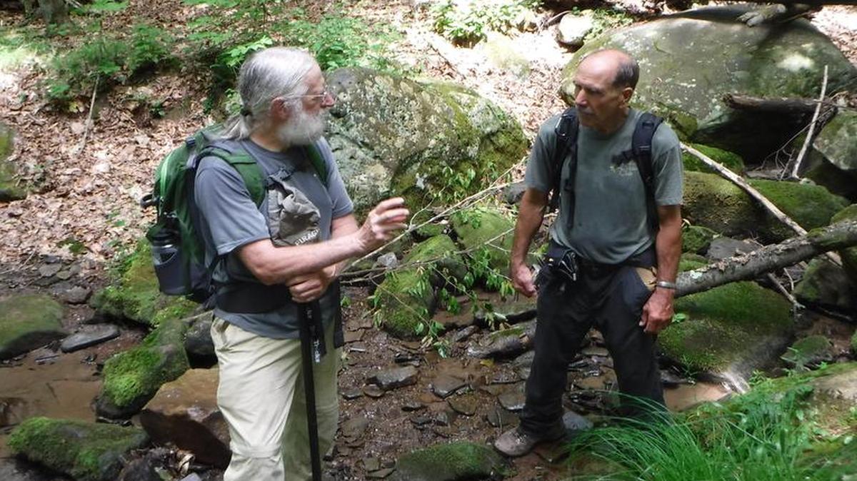 Gary Thornbloom, left, discusses the North Country Trail with Joe Hardisky, Friends of Allegheny Wilderness board member and North Country Trail maintainer.