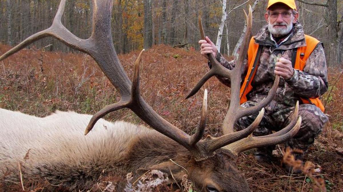 Larry Horner, of Philipsburg, poses with the 8x8 bull elk that he shot on the second day of Pennsylvania’s 16th modern-day elk hunt.