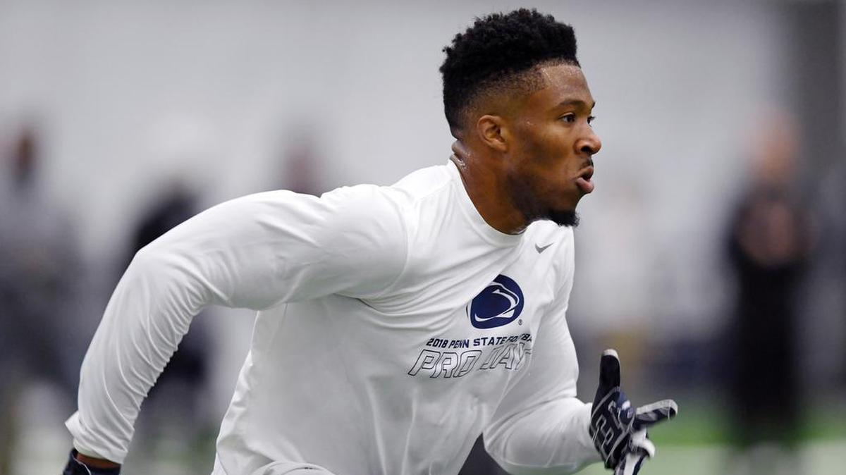 Former Penn State wide receiver Saeed Blacknall runs a route during the Nittany Lions’ Pro Day at Holuba Hall on March 20, 2018.