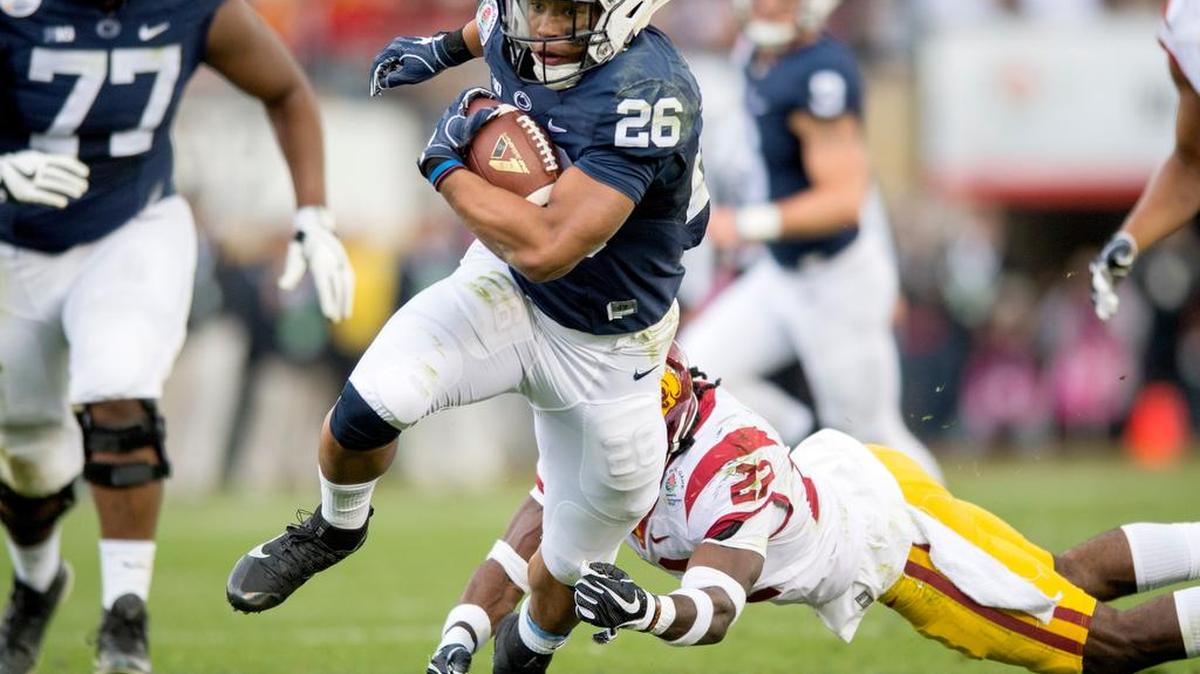 Penn State running back Saquon Barkley carried the ball for 1,496 yards last season and was second in the Big Ten, averaging 106.9 yards per game.