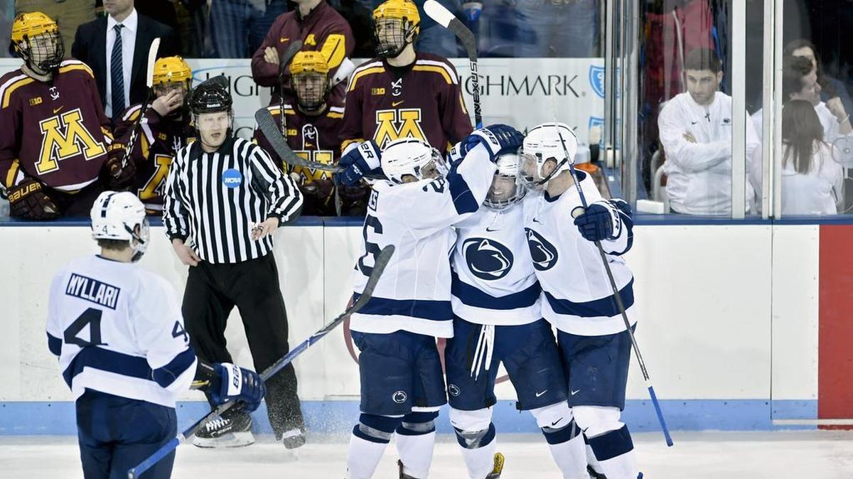 Penn State’s Evan Barratt, seen here last season against Minnesota, will not play in this weekend’s series against the Golden Gophers because he’s at the World Junior Championship. But the Nittany Lions are hoping there’s still no let-up, especially after a 20-day layoff.