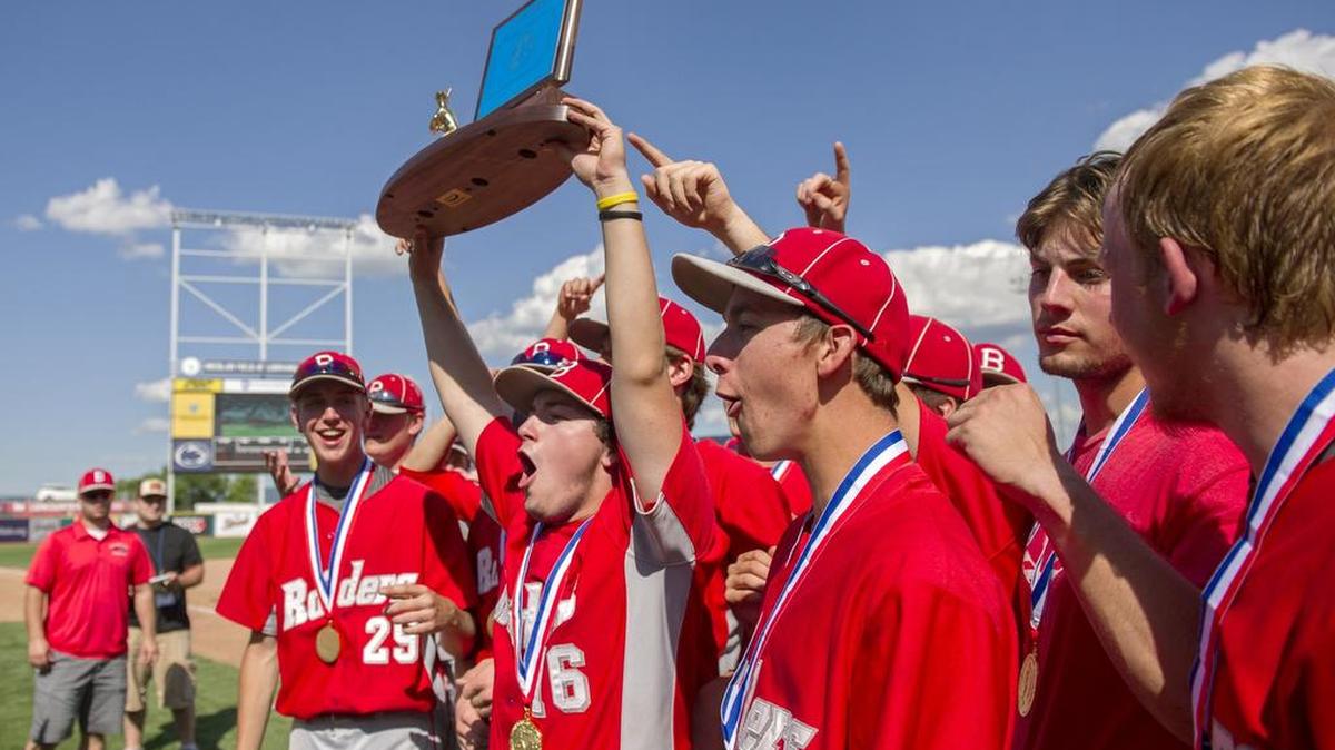 The Bellefonte Area High School baseball team celebrates winning the PIAA Class AAA state championship in June at Medlar Field.
