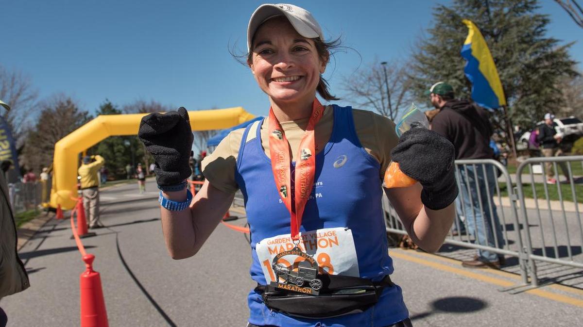 Jaimie Wright, 38, of State College finished sixth overall and was the first woman across the finish line in the Garden Spot Village Marathon in New Holland last month. Wright finished in 3 hours, 21 minutes, 13 seconds.