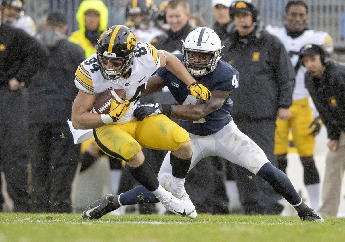 Penn State safety Nick Scott stops Iowa wide receiver Nick Easley during the game on Saturday, Oct. 27, 2018.