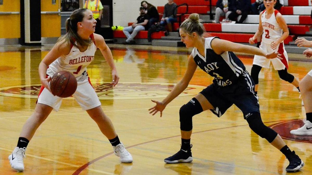Bellefonte’s Maddie Steiner (1), facing Penns Valley earlier this season, scored a key bucket in the final seconds of a 30-26 win against East Juniata on Tuesday.